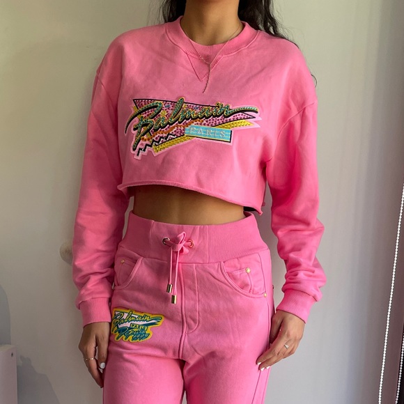 Balmain | Tops | Balmain Barbie Collection Hot Pink Crystal Embellished  Logo Cropped Sweatshirt | Poshmark